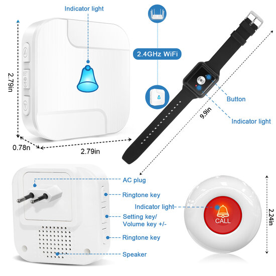 Kit alarme SOS Basic avec bouton et montre noire pour personnes &acirc;g&eacute;es (&eacute;cran externe inclus)