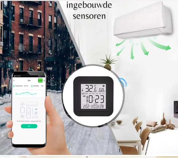 Thermom&egrave;tre et hygrom&egrave;tre intelligent Wifi sans fil + t&eacute;l&eacute;commande IR universelle