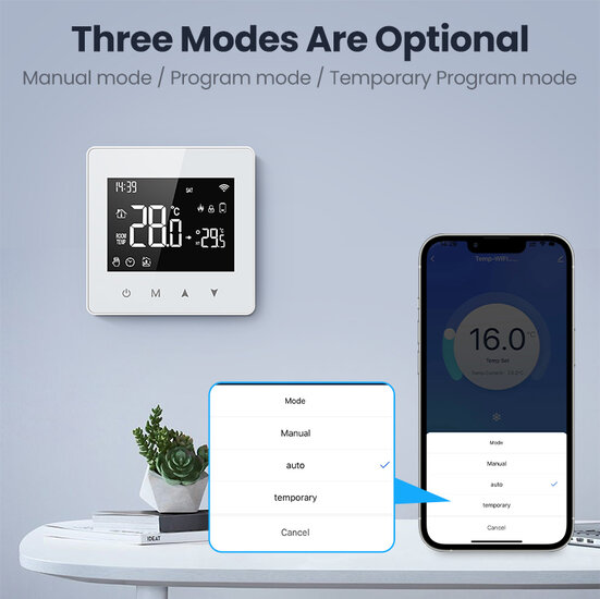 Thermostat mural Wifi Zigbee avec &eacute;cran tactile pour installation C.V. (noir/blanc)