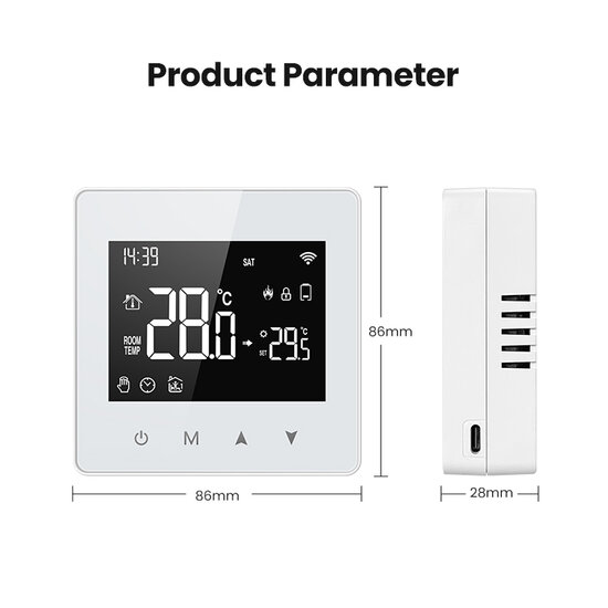 Zigbee Wifi Opbouw Thermostaat met Touchscreen voor C.V. Installatie (zwart/wit)