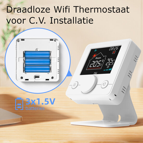 Wifi Draadloze Thermostaat met Draaiknop voor C.V. Installatie (zwart/wit)