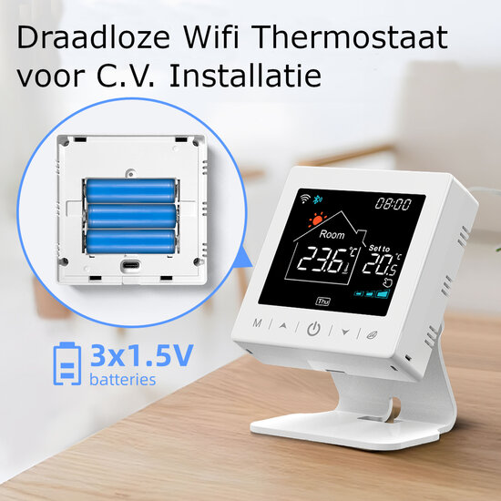 Wifi Draadloze Thermostaat met Tiptoetsen voor C.V. Installatie (zwart/wit)