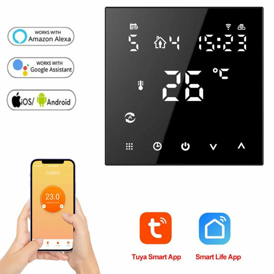 Thermostat encastr&eacute; Wifi avec &eacute;cran tactile pour chauffage au sol &eacute;lectrique et infrarouge (noir)