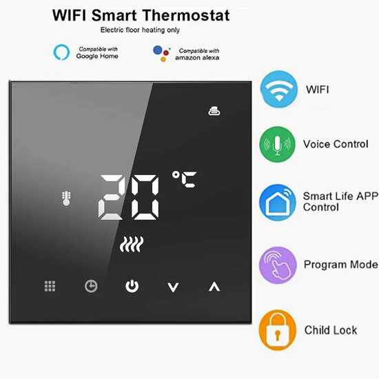 WiFi Built-in Thermostat with Touchscreen for Elec. Underfloor Heating &amp; IR (black)