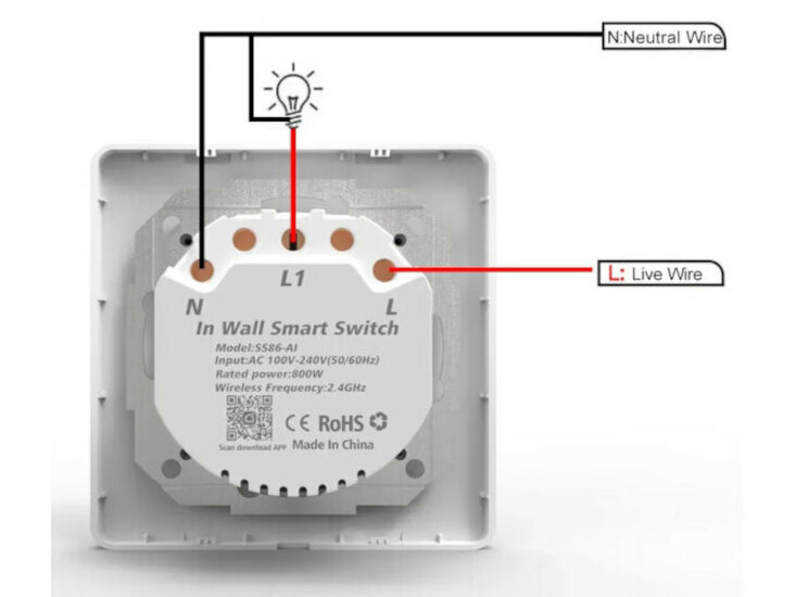 Slimme Inbouw Schakelaar (1-knop) aansluitschema