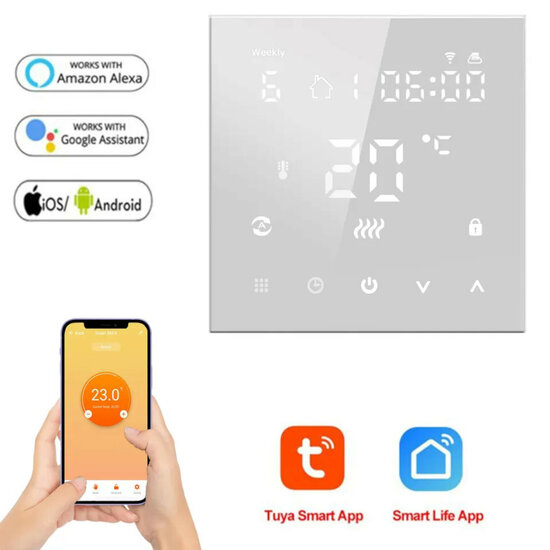 WiFi Einbau-Thermostat mit Touchscreen f&uuml;r Elektrische Fu&szlig;bodenheizung &amp; IR (wei&szlig;)