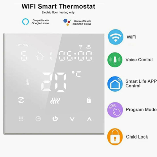 Thermostat encastr&eacute; Wifi avec &eacute;cran tactile pour chauffage au sol &eacute;lectrique et infrarouge (blanc)