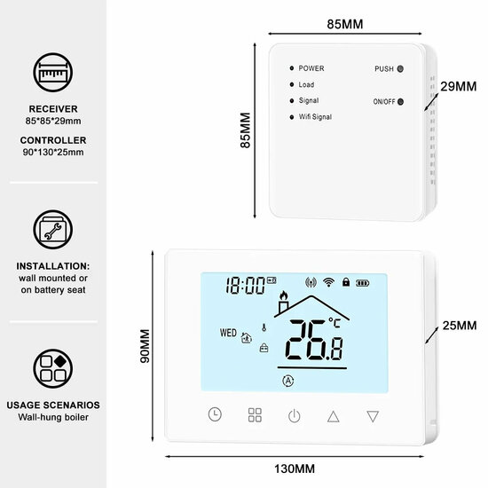 Thermostat sans fil Wifi avec &eacute;cran tactile pour chauffage central. et chauffage par chaudi&egrave;re (blanc)