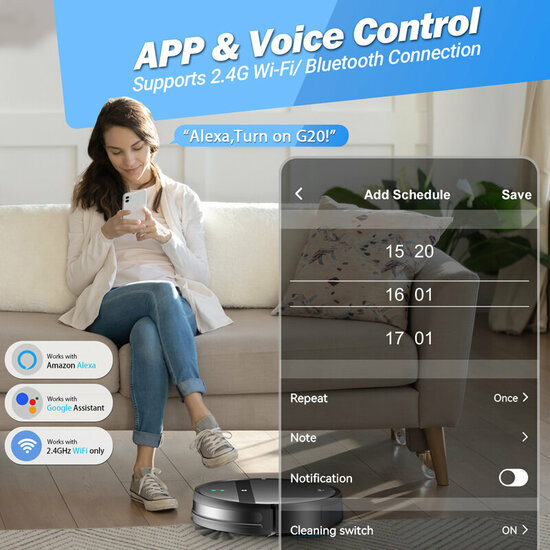 Smart Wifi Robotstofzuiger | 3-in-1: Stofzuigen, Dweilen &amp; Vegen